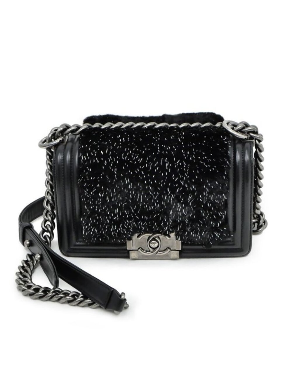 Chanel Chain Shoulder Bag Orirag Rabbit Fur Lambskin Black